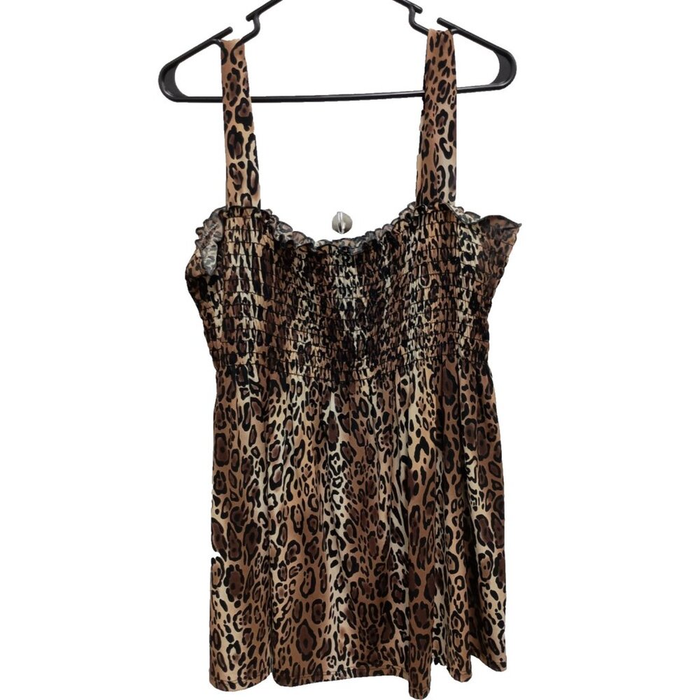 Only Nine Womens Babydoll Tank Top Large Black Brown Animal Print Smocked‎ BOHO